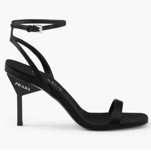 Prada 85mm Black Satin White Logo Geometric Show Heel Ankle Strap Sandal Pump 39